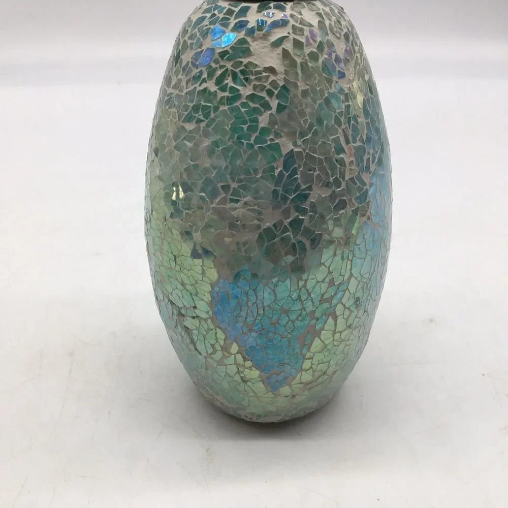 Blue Green Mosaic Glass Silver Tone 8” Soap Lotion Dispenser Never Used READ